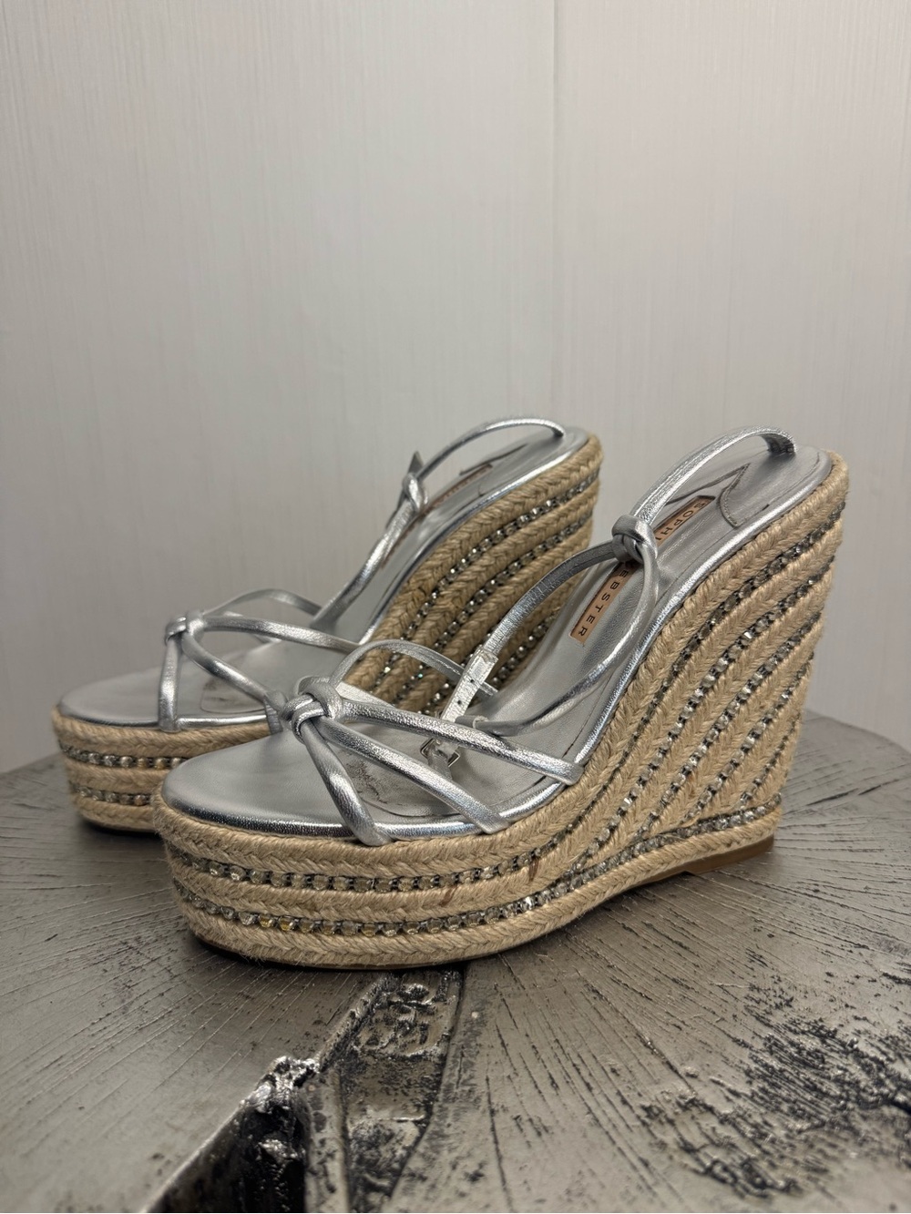 Sophia Webster Alina Metallic Crystal Wedge Espadrilles. Size 37.5! Silver.